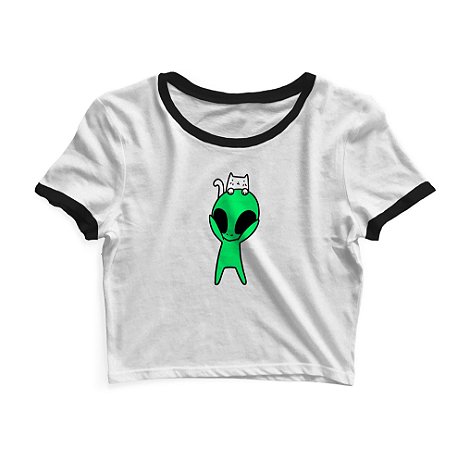 Cropped Blusinha As Braba Alien Gato Branco Viés Preto