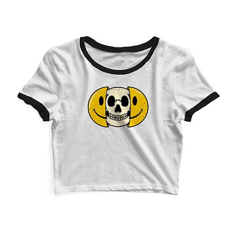 Cropped Blusinha As Braba Smile Caveira Branco Viés Preto