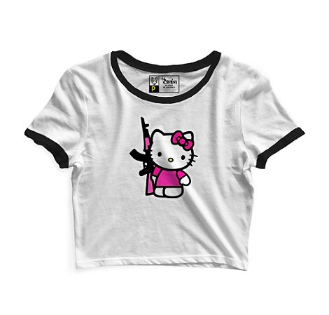Cropped Blusinha As Braba Hello Kitty AK Branco Viés Colorido