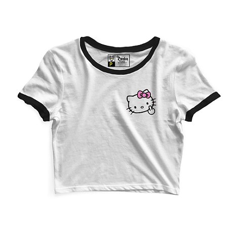 Cropped Blusinha As Braba Hello Kitty Dedo Branco e Viés Preto