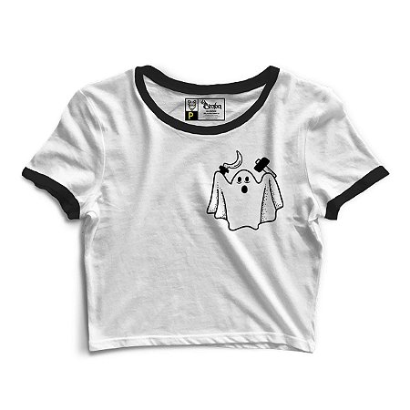Cropped Blusinha As Braba Controle Fantasminha Lateral Branco Viés Preto