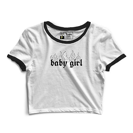 Cropped Blusinha As Braba Baby Girl Branco Viés Preto