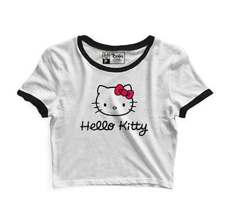 Cropped Blusinha As Braba Hello Kitty Branco Viés Preto