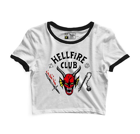 Cropped Feminino Manga Curta Estampado HellFire Branco Viés Preto