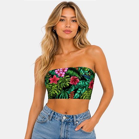 Top Faixa Cropped Suplex Estampado Coladinho no Corpo Com Forro Tie Dye Folhagens Olho