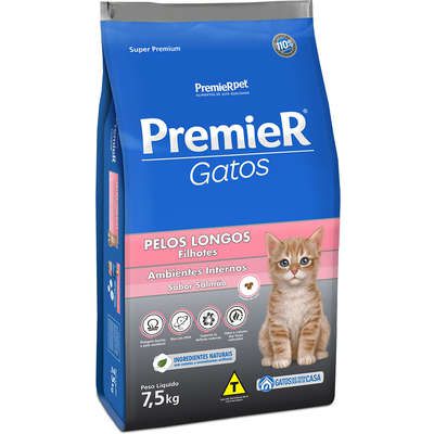 Ração Premier Gatos Ambientes Internos Pelos Longos Filhotes Salmão1,5Kg