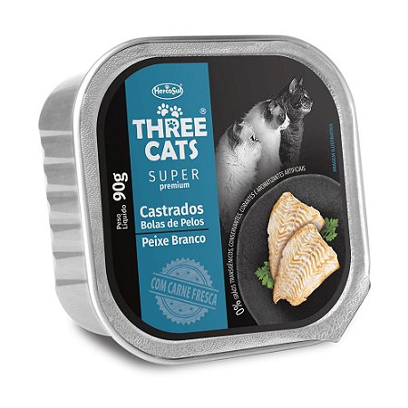 Ração Three Cats Úmida Patê Super Premium Castrados Bola De Pelos Peixe Branco 90g