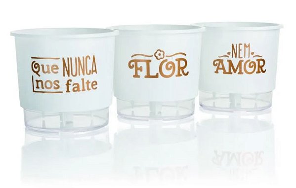 Conjunto 03 Vasos Autoirrigáveis Branco - Flor e Amor