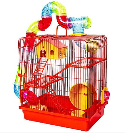 Gaiola Hamster 3 Andares Tubo Super Luxo Vermelho