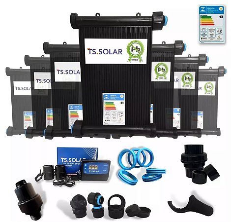 Kit Aquecedor Solar Piscina até 50m² c/ 50 placas 3m x 0,30 Completo: Valv. Eliminadora, Controlador Temp. TS-SOLAR