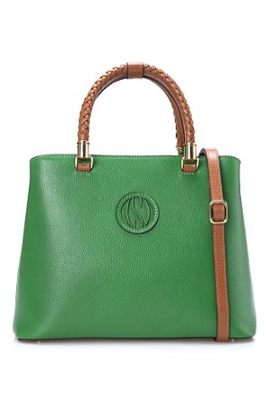 BOLSA COURO GRANDE ESTRUTURADA QUADRADA VERDE ALECRIM COM MARROM WHISKY CÓD-389