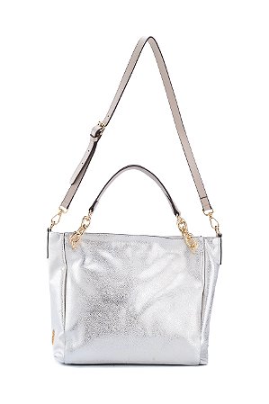 BOLSA COURO HOBO GRANDE METALIZADO PRATA CÓD-495