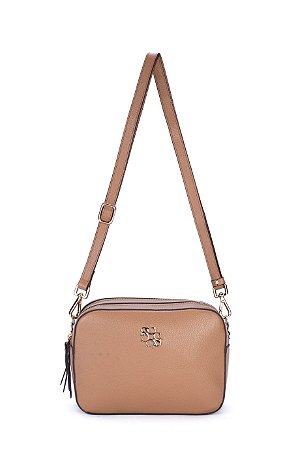 BOLSA COURO PEQUENA ESTRUTURADA RETANGULAR MARROM CARAMELO ALÇA DE COURO 15MM METAL SG CÓD-280