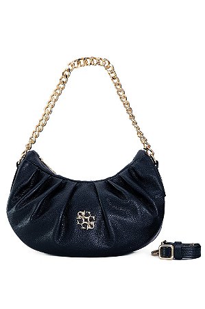 BOLSA EM COURO MEIA LUA MÉDIA PRETO CÓD-803