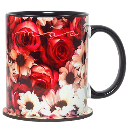 CANECA MÃE COM ESTAMPA DE FLORES+SUPORTE DE COPOS