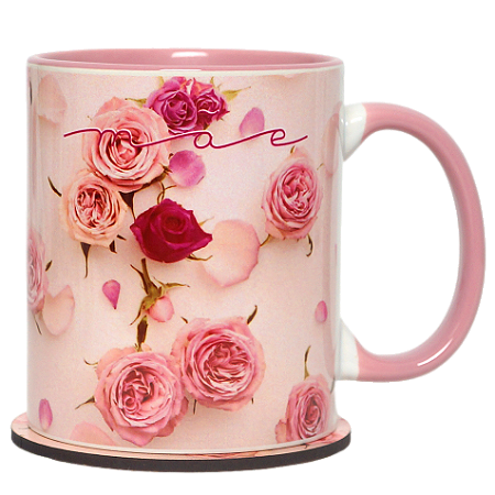 CANECA MÃE COM ESTAMPA DE FLORES+SUPORTE DE COPOS