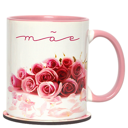 CANECA MÃE COM ESTAMPA DE FLORES+SUPORTE DE COPOS