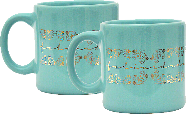 CONJUNTO DE CANECAS VERDE ÁGUA ESTAMPA FELICIDADE