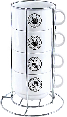 CONJUNTO DE XÍCARAS DE PORCELANA, ESTILO TORRE, COM SUPORTE DE METAL - 4 PEÇAS - 150ml