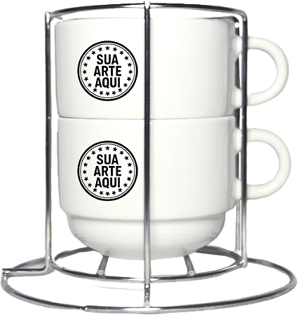 CONJUNTO DE XÍCARAS DE PORCELANA, ESTILO TORRE, COM SUPORTE DE METAL - 2 PEÇAS - 150ml