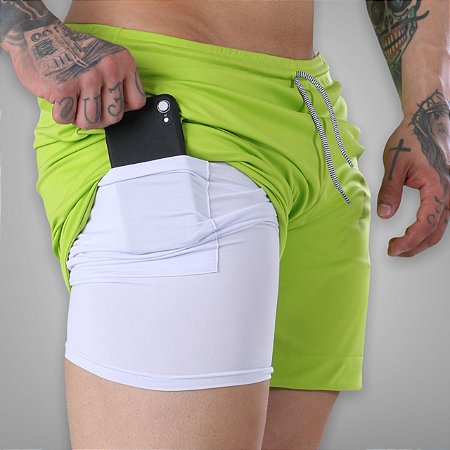 Shorts Fitness 2 Em 1 - Dry Fit E Térmico De Compressão - Esportivo Para Corrida E Treino  - Verde Abacate