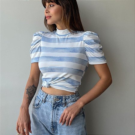 BLUSA PRINCESA GOLA ALTA TL LISTRADA BRANCO E AZUL