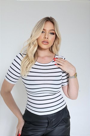 BLUSA RIBANA MANGA CURTA GOLA O TL LISTRADO P&B