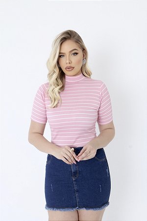 BLUSA RIBANA MANGA CURTA GOLA ALTA TL LISTRADO ROSA