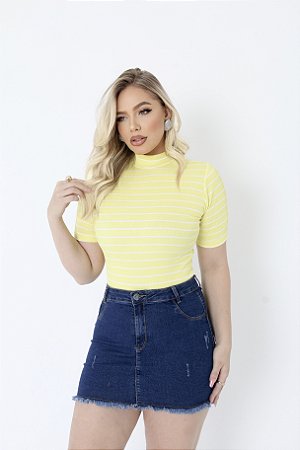 BLUSA RIBANA MANGA CURTA GOLA ALTA TL LISTRADO AMARELO