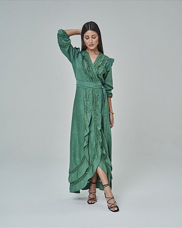 Vestido Longo Feminino Decote V Verde Oliva