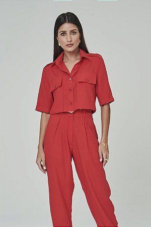 Cropped Manga Curta Feminino Vermelho Cereja