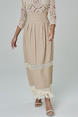 Saia Midi em Linho c/ Franjas Bege