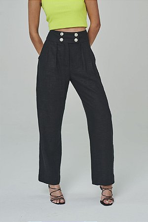 Calça Cintura Alta Reta c/ Bolso Faca em Linho Total Black
