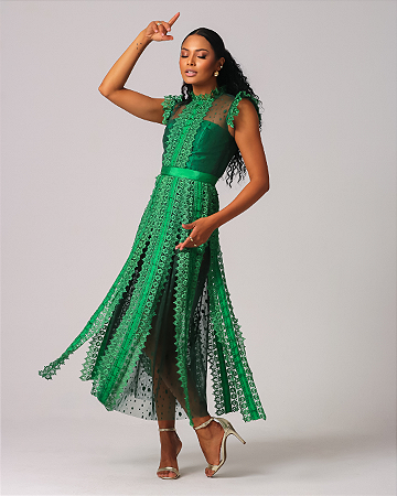 VESTIDO MIDI FLUIDO VERDE APLICAÇÕES