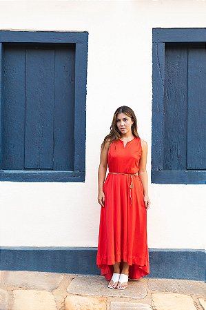 Vestido Longo Poppy-Red Vermelho, Tecido Fluído Acetinado