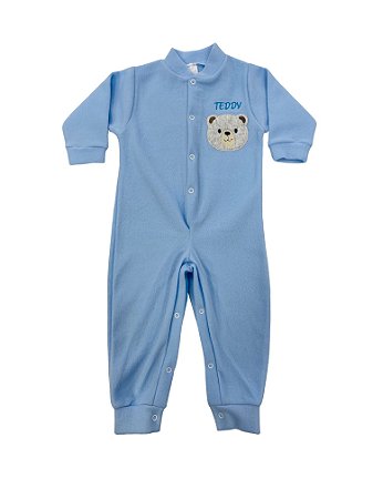 Pijama Infantil em Soft Liso com Bordado Ursinho Azul Masculino
