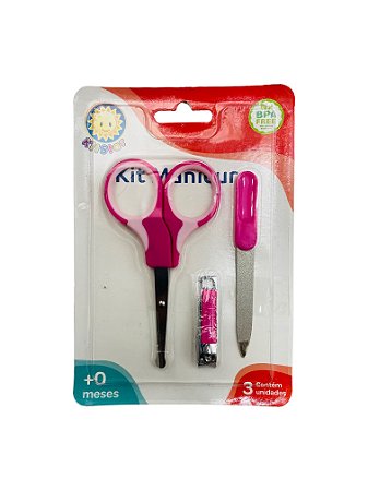 Kit Manicure Bebê Tesoura, Lixa e Cortador Rosa - 3 Peças