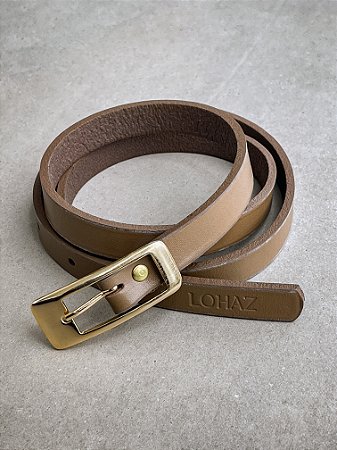 Cinto Slim em Couro Lohaz Taupe/Ouro