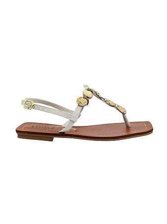 Marcela - Sandália Feminina Rasteira Tira em Dedo com Metais Ouro Branco