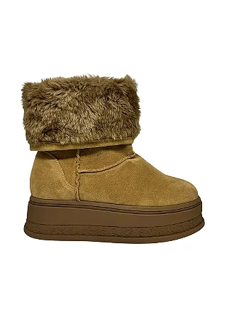Babi - Bota Cozy Plataforma com Pelo Camurça Caramelo