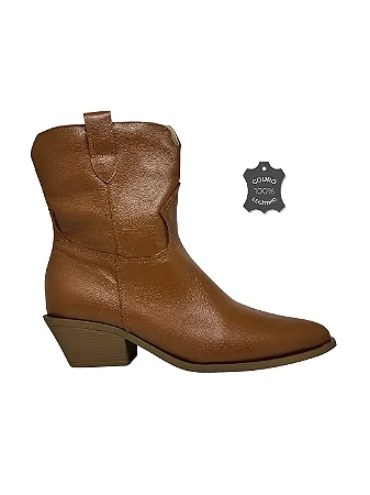 Asha - Bota Couro Western Cano Curto Caramelo