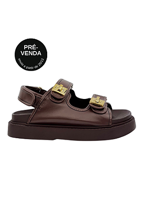 |PRÉ-VENDA|  Vivi - Sandália Papete Feminina Tiras Velcro com Metal Ouro Marrom