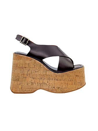 Lume - Sandália Feminina Plataforma Tira X Salto Alto Cortiça Café