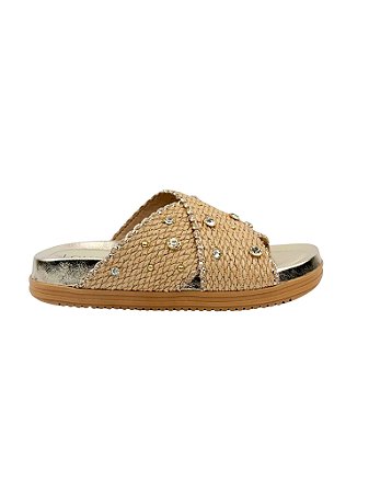 Kalie - Tamanco Birken Feminino Tira Ráfia em X com Strass e Metais Natural