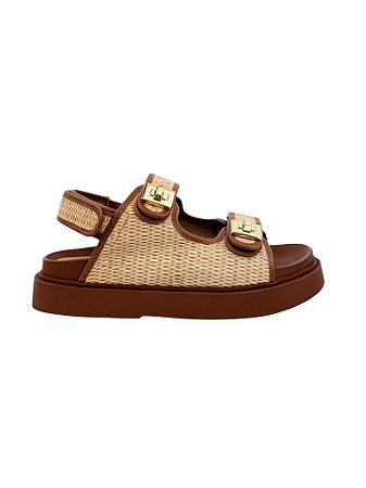 Vivi - Sandália Papete Feminina em Ráfia Tiras Velcro com Metal Ouro Natural