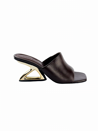 Adelle - Tamanco Feminino Salto Geométrico Ouro Gáspea Café