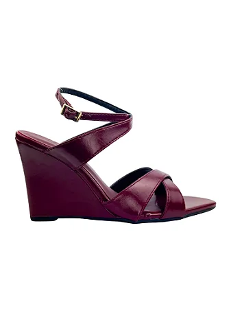 Paola - Sandália Feminina Anabela Amarração Bico Folha Marsala