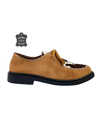 Cody - Sapato Feminino Oxford Couro Camurça Cow Print Caramelo