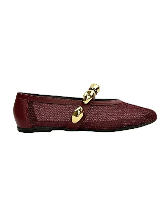 Estella - Sapatilha Feminina Tela Vazada Tira Metal Dourado Marsala
