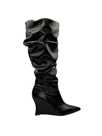 Elise - Bota Cano Longo Slouch Bico Fino Salto Anabela Preto